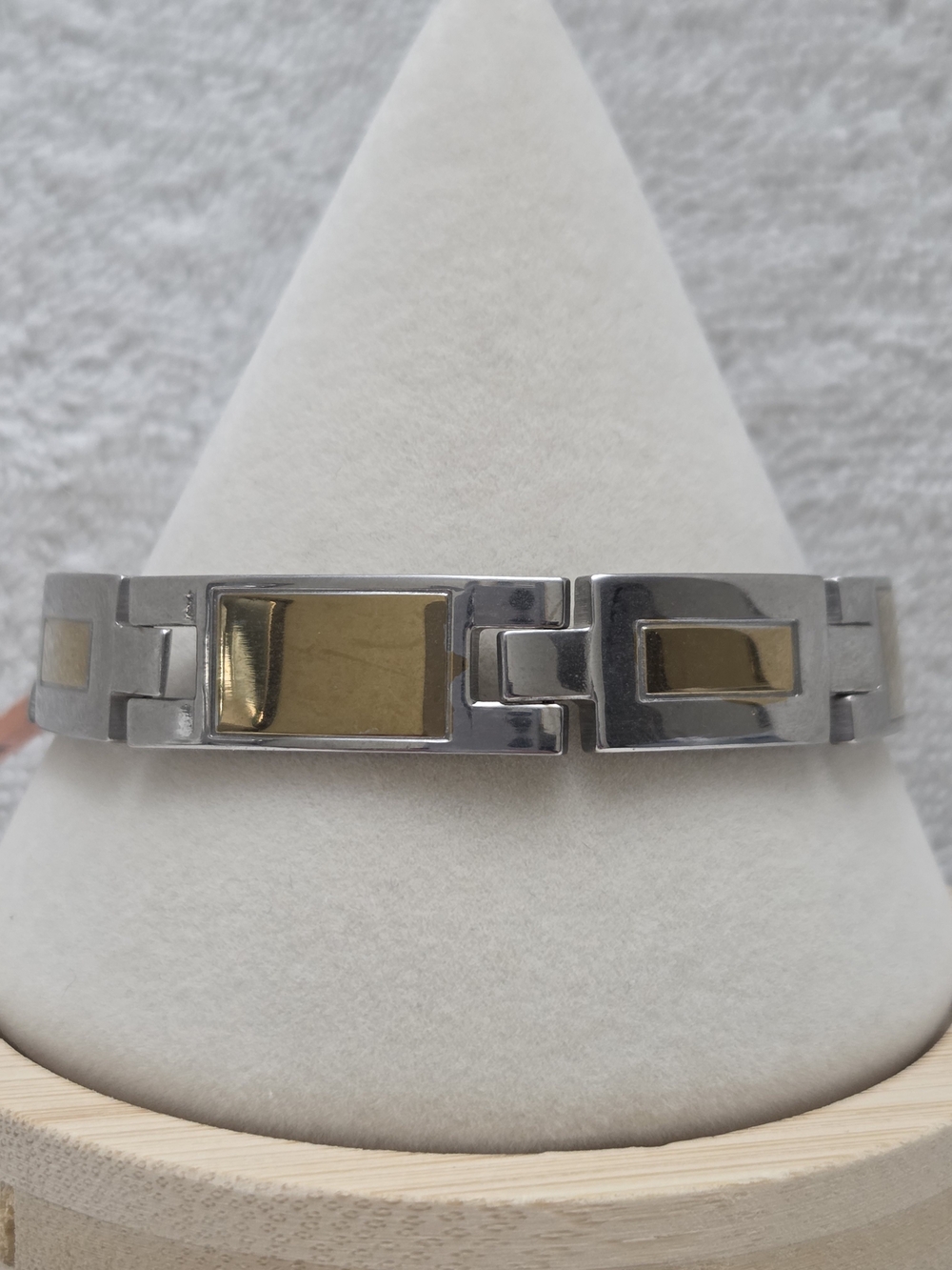 Stainless Steel Men's Hinged Bracelet w/Gold-toned Rectangle Design